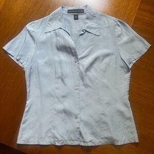 Vintage light blue 100% silk button down blouse, size 8